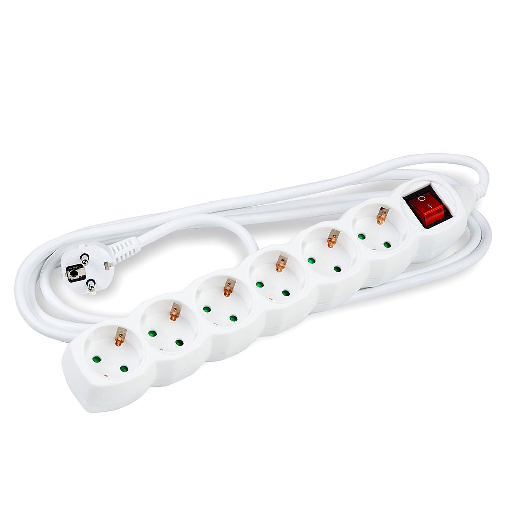 Tecnica Presa Multipla 6 Posti, Cavo in Rame 1.5mm² da 3m, 16A, 250V, Bianco con Interruttore e Protezione Bambini