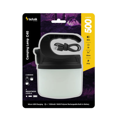 Lampada da campeggio Technik C40 ricaricabile LED 500 lumen Bianco IP44 con ricarica USB e 3 modalità di luminosità