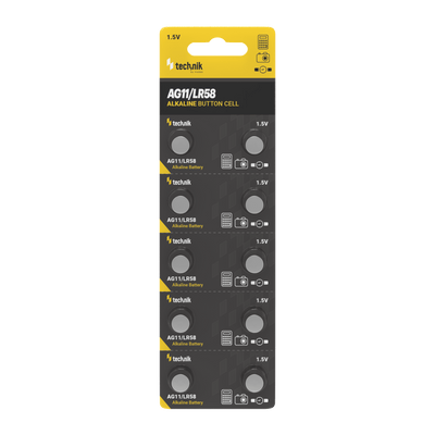 Pacco da 10 batterie a bottone alcaline Technik Platinum AG11 LR58 362 1.5V per orologi ed elettronica di piccole dimensioni