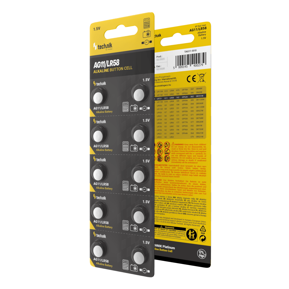 Pacco da 10 batterie a bottone alcaline Technik Platinum AG11 LR58 362 1.5V per orologi ed elettronica di piccole dimensioni