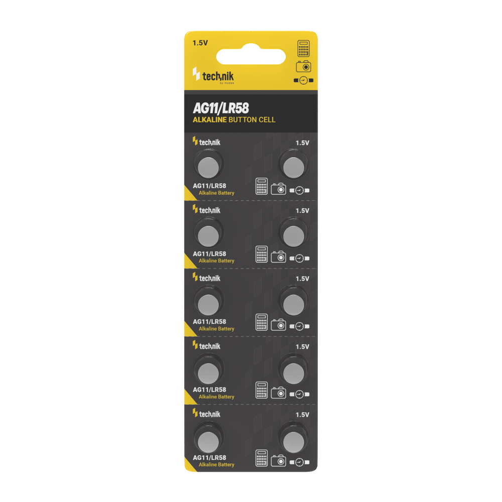 Pacco da 10 batterie a bottone alcaline Technik Platinum AG11 LR58 362 1.5V per orologi ed elettronica di piccole dimensioni