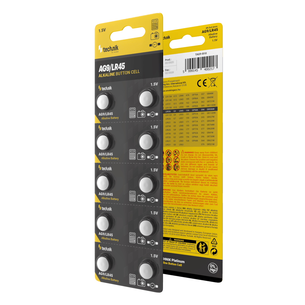Batteria a bottone alcalina Technik Platinum AG9 LR45 394 1.5V 40mAh confezione da 10