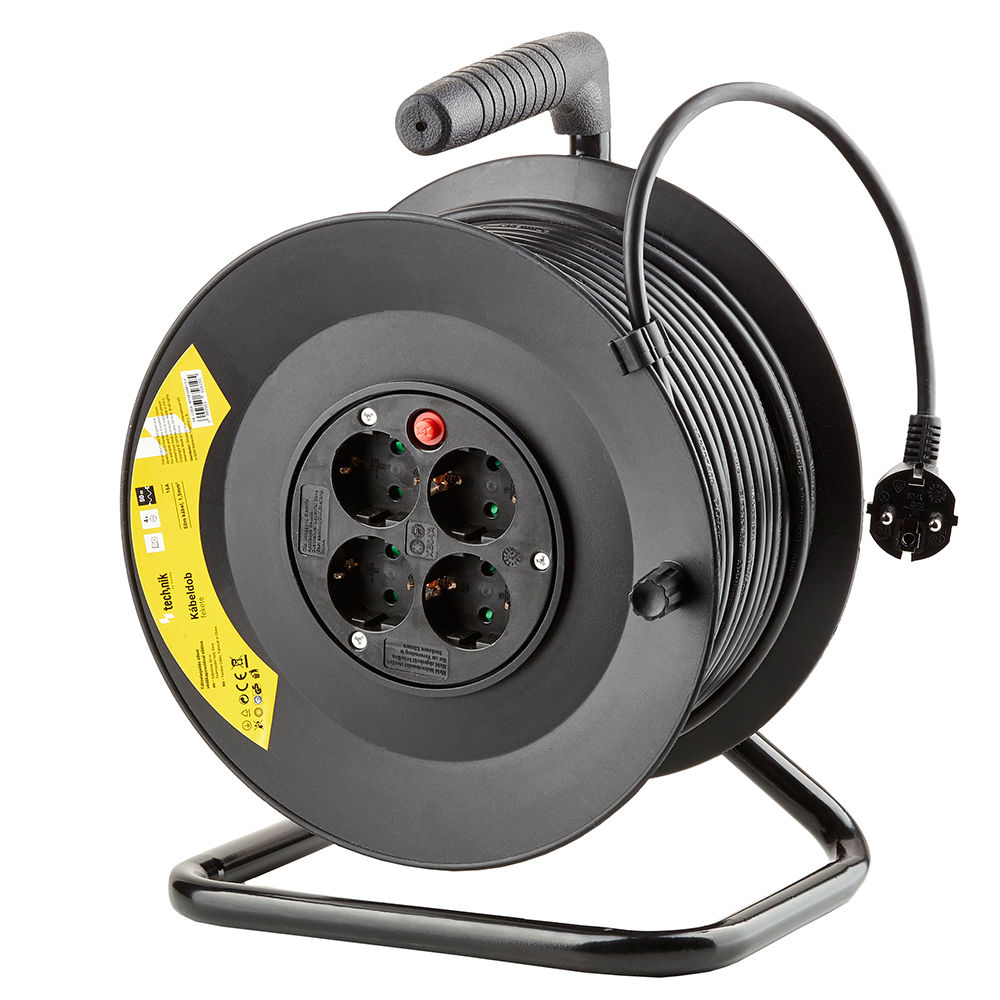 Technik Avvolgicavo Professionale 50m 1.5mm² Nero 16A 4 Prese con Interruttore Interno Esterno