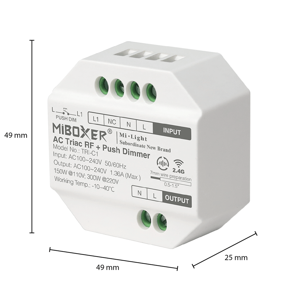 Modulo dimmer LED Tsong 300W AC TRIAC, compatibile telecomando RF 2.4GHz, IP20, 220-240V, CE RoHS