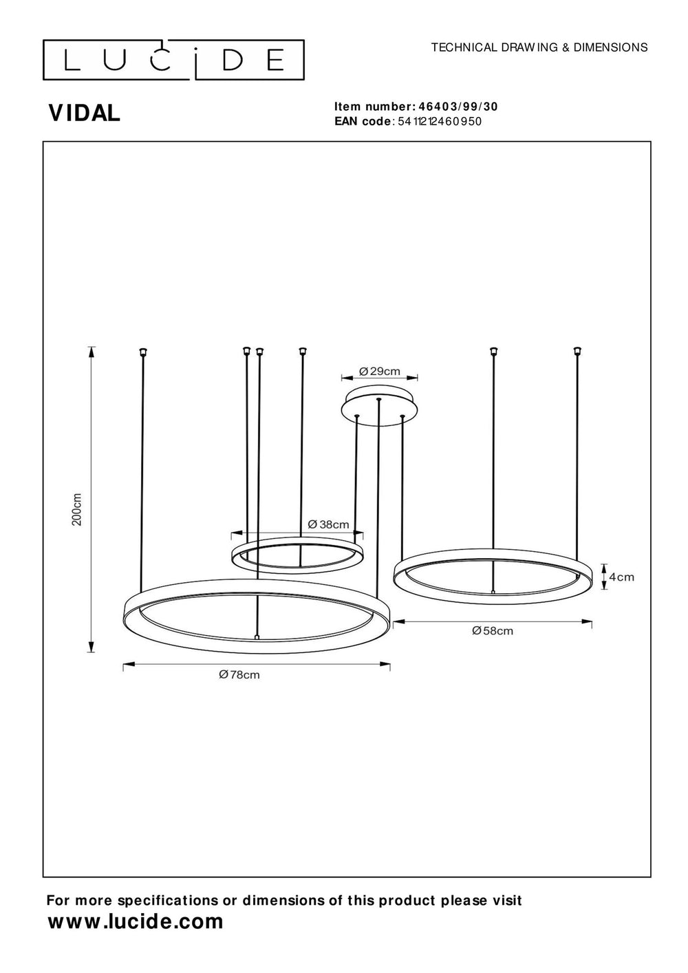 Lucide VIDAL lampada a sospensione LED 78 cm nero 120W 2700K dimmerabile