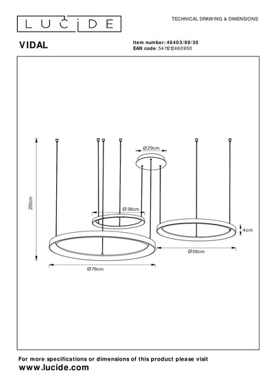 Lucide VIDAL lampada a sospensione LED 78 cm nero 120W 2700K dimmerabile