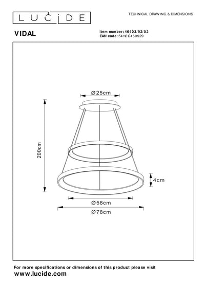 Lucide LED pendant light - dimmable 92W, 2700K warm gold brass finish - Ø 78 cm chandelier