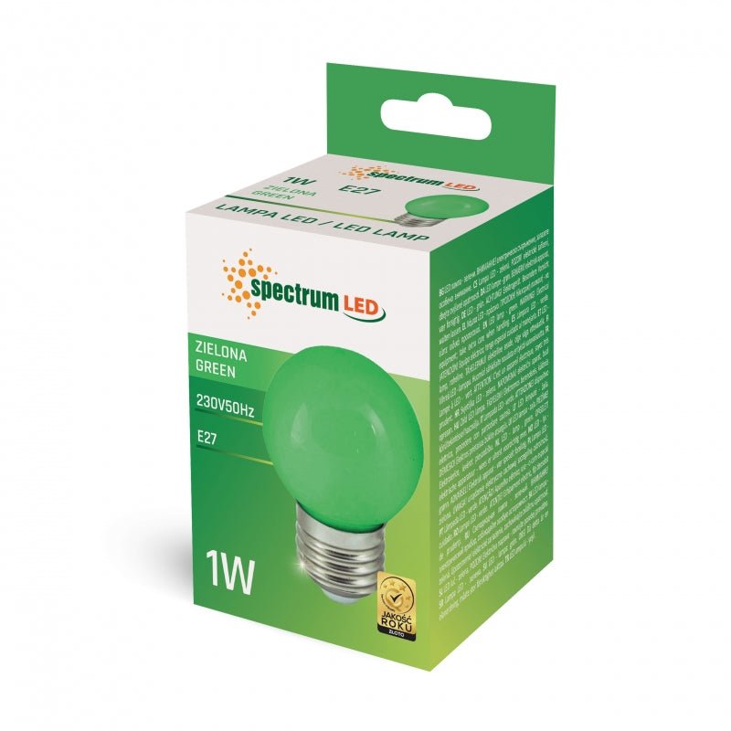 Spectrum LED lamp G45 green 1W with E27 fitting, 230V, 270° beam angle, 17000 hours, CRI 80, IP20, indoor use