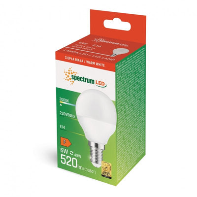 Spectrum LED G45 E14 230V 6W bianco caldo, 520 lumen utili, 3000k, 160° fascio di luce, IP20, illuminazione durevole