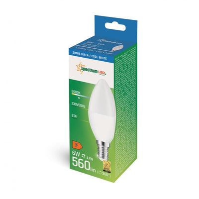 Spectrum LED candle lamp C37 E14 6W, 230V, 6000K cold white light, 560 lumens, 160° beam angle, durability 17000 hours