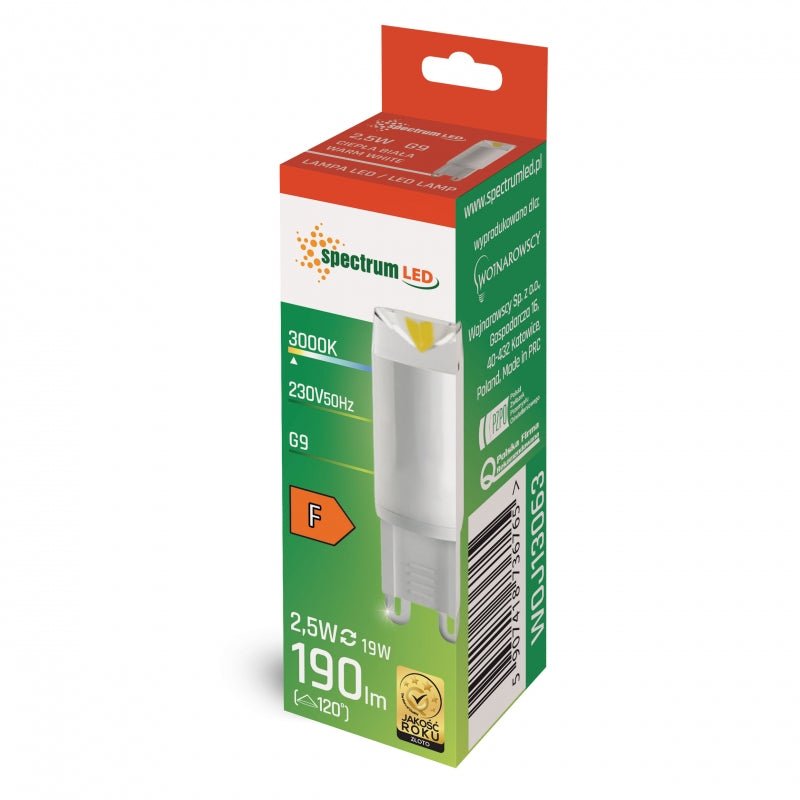 Spectrum LED G9 230V 2.5W 3000K warm white ceramic lamp, 190 lumens, 100° angle, long lifespan, CRI 80