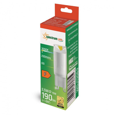 Spectrum LED G9 230V 2.5W 3000K warm white ceramic lamp, 190 lumens, 100° angle, long lifespan, CRI 80