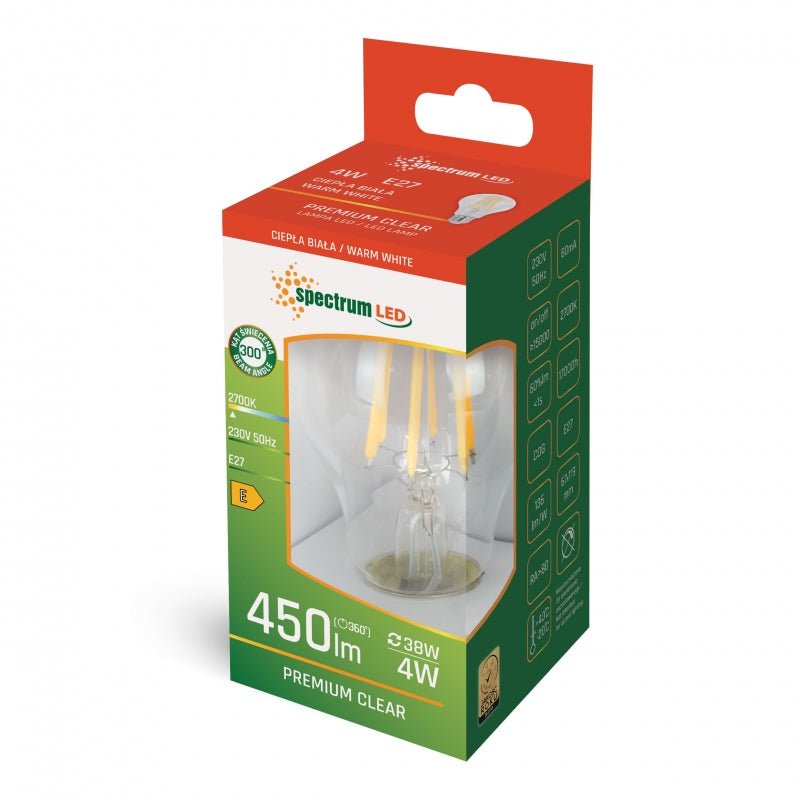 spectrum led gls A60 E27 230V 4W luce calda 2700K aspetto filo, 450 lumen, IP20, angolo di radiazione di 300 gradi