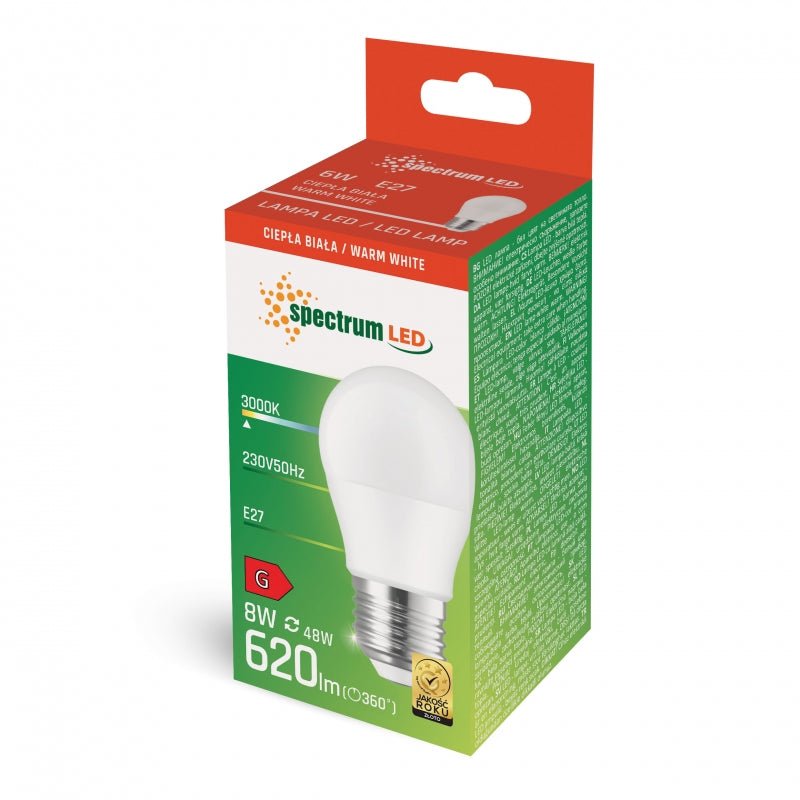 Lampada a LED Spectrum G45 E-27 230V 8W 710 lumen 3000K luce calda bianca angolo radiante 160° 17000h