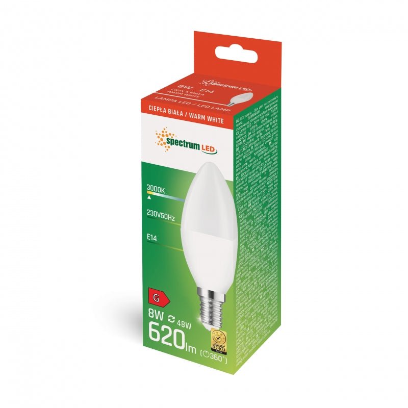 Spectrum LED candle bulb C37 E-14 8W 3000K warm white, 710 lumens, 160° beam angle, IP20, ideal mood lighting