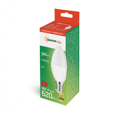 Spectrum LED candle bulb C37 E-14 8W 3000K warm white, 710 lumens, 160° beam angle, IP20, ideal mood lighting