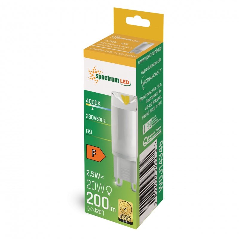 Spectrum LED G9 lamp 230V 2.5W 4000K neutral white, 200 lumens, 100° beam angle, ceramic, non-dimmable, CRI 80