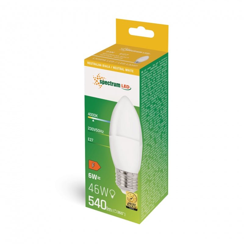 Spectrum LED candle bulb C37 E27 230V 6W NW 4000K, 540 lumens for indoor use, 160° beam angle, non-dimmable