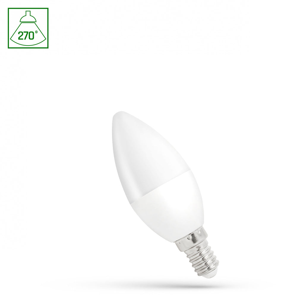 Spectrum LED candle lamp C37 E14 230V 1W cool white 6000K with 90 lumens, wide light beam of 270° and lifespan of 17,000 hours