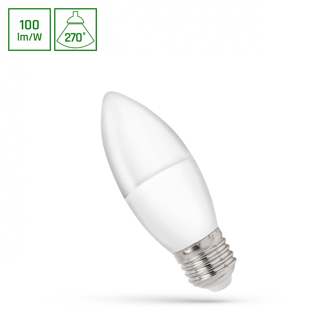 Lampadina a candela LED Spectrum C37 E27 230V 1W CW 6000K con 100 lumen di luce bianca fredda e diffusione della luce a 270°
