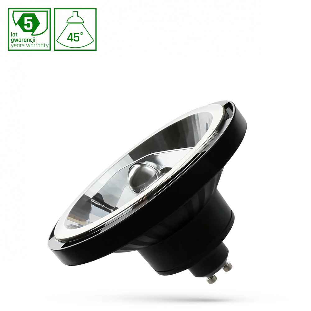 Spectrum LED AR111 GU10 12W 3000K black with 1050 lumens, 45-degree angle, warm white, 50,000 hours, 2-year warranty