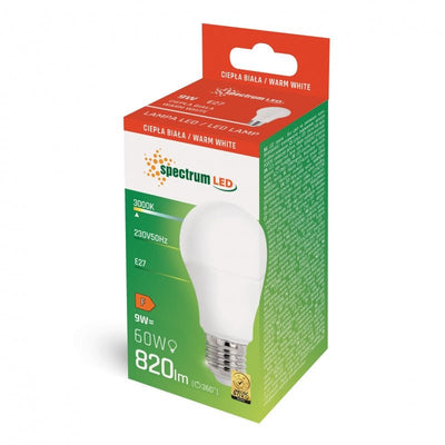 Spectrum LED A60 9W E-27 warm white lamp 3000K, 820 lumens, IP20, non-dimmable, 230V, CRI >80, 270° light beam